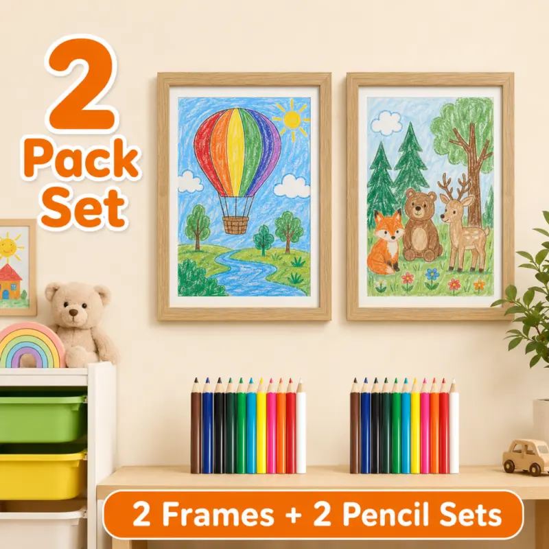 Wooden Magnetic Kids Art Frame 2-Pack, 8.5x11 In Rectangular, Magnetic Hold, Includes 12 Colored Pencils, for Home Decor Artwork/Drawings/Photos Display