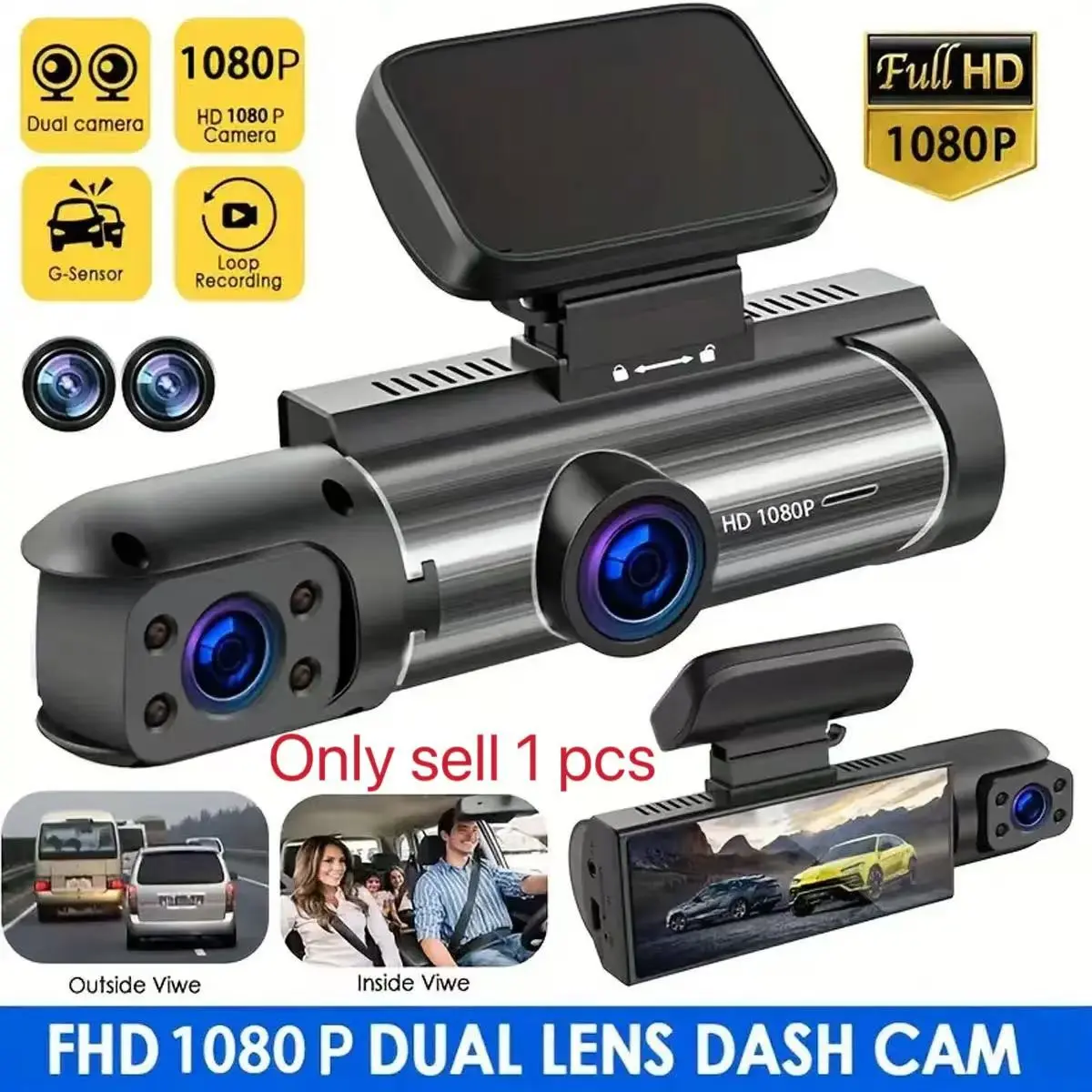 Car Dash Cam with 64GB SD Card, Wide Angle Dual Lens, Night Vision, 3.16-Inch IPS Screen, Plug-In Usage, Front & Rear Camera