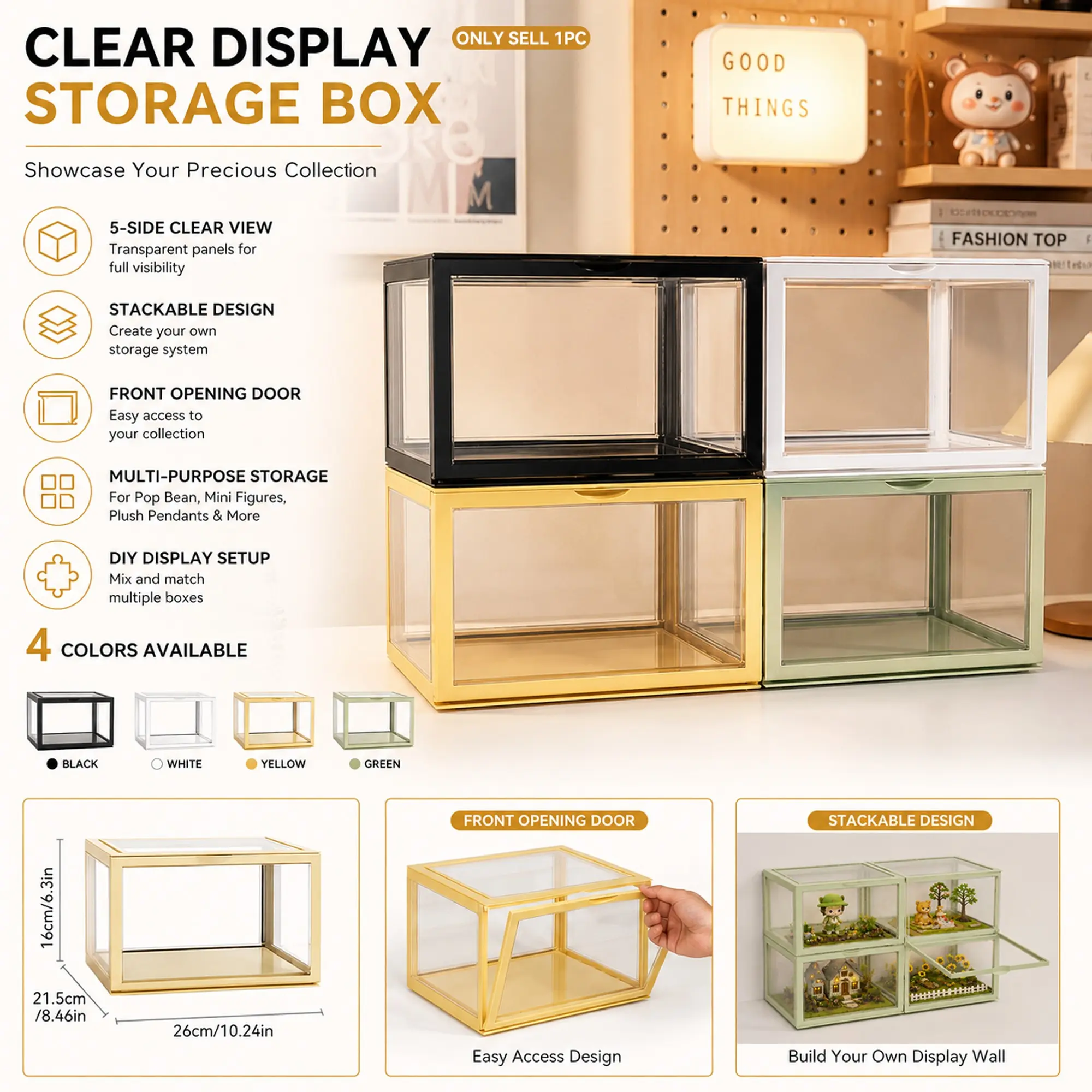 Large 5-Sided Transparent Action Figure Display Cabinet with Magnetic Door, Stackable Modular Storage Showcase Box for Anime Collectibles, DIY Figure Scene Layout, Home Decor