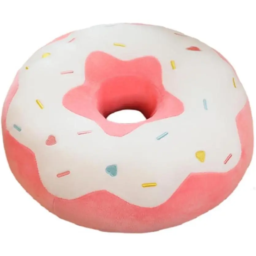 Round Donut Pillow 15 Inch Soft Plush Decor Cushion | Funny Food Stuffed Seat Pad for Couch, Chair, Floor, or Sofa (White Pink)