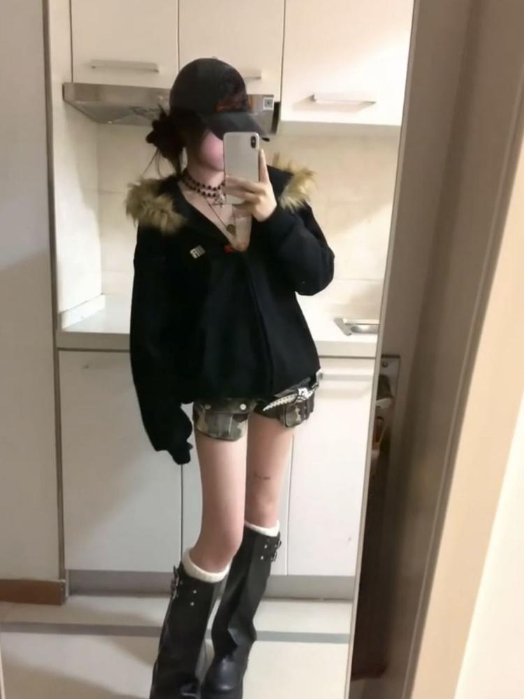 Harajuku Casual Fur Patchwork Hooded Hoodies 2025 Women Y2k Aesthetic Loose Pocket Streetwear Coats Grunge Zipper Sweatshirts