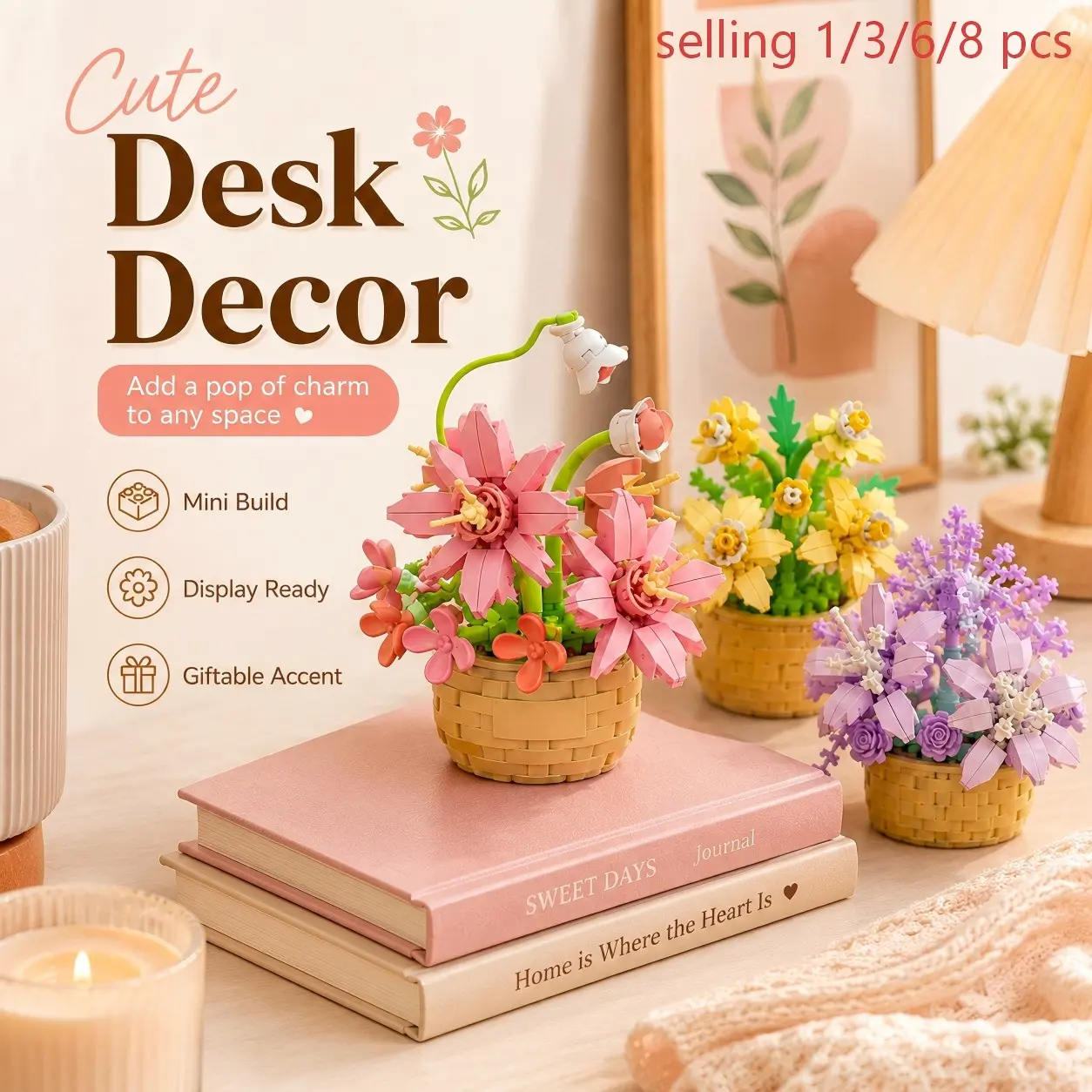 1/3 PCS Mini Brick Flower Basket Decor, Decorative, Cute Pastel Cottagecore Style, DIY Building Block Eternal Flower Arrangement With Woven Basket Detail, Display Ready Desktop Ornament For Women Girls Teens, Gift For Bedroom Shelf, Dorm, Office, Birthday
