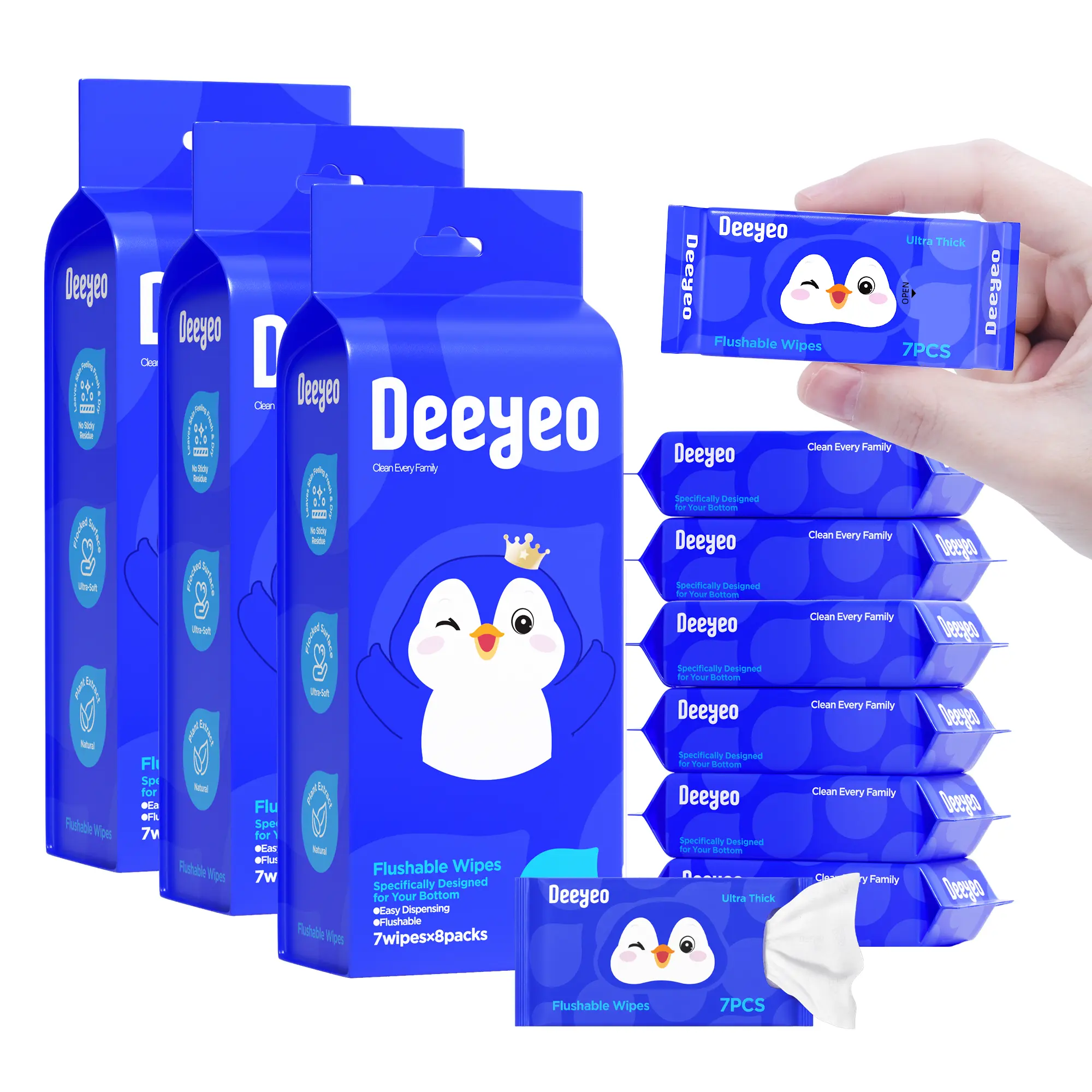 Deeyeo Flushable Wet Wipes, 3 Pack (24 Travel Size Packs), Unscented, Purified Water Formula, Septic Safe, Daily Post-Bathroom Use