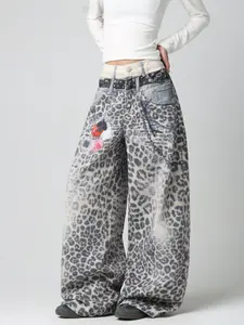 Women's Leopard Print High Waist Wide Leg Jeans, Streetwear Fashion Loose Fit Long Pants, Trendy Casual Without Belt