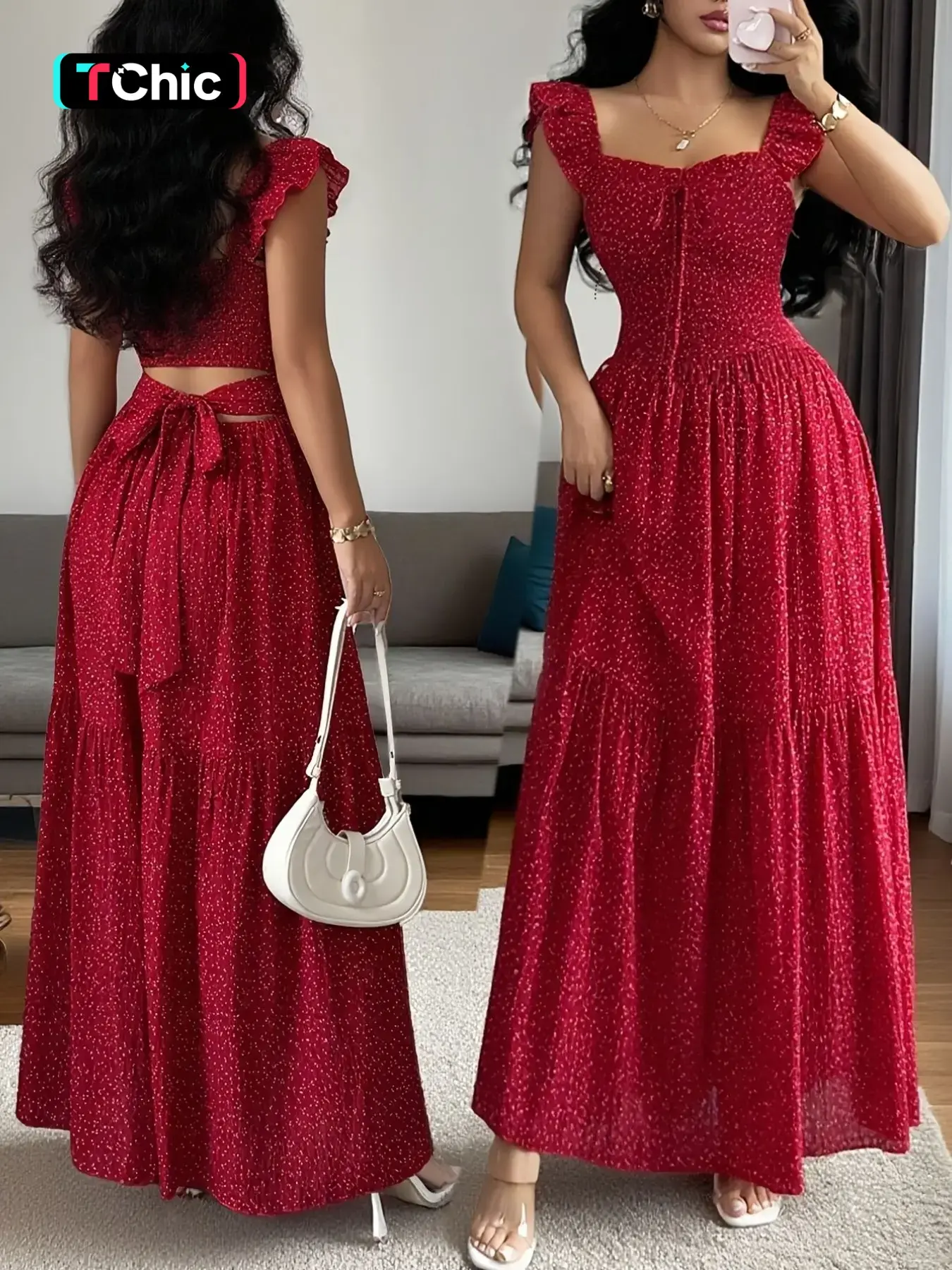 Women's Vintage All Over Print Square Neck Tie Back Ruffle Hem Dress, Backless Waist Cinch A-Line Dress, Elegant Summer Gown, Boho Vintage Dress, Boho Chic Style, Bohemian, Boho Styles Fashion, Multiple Colors Available