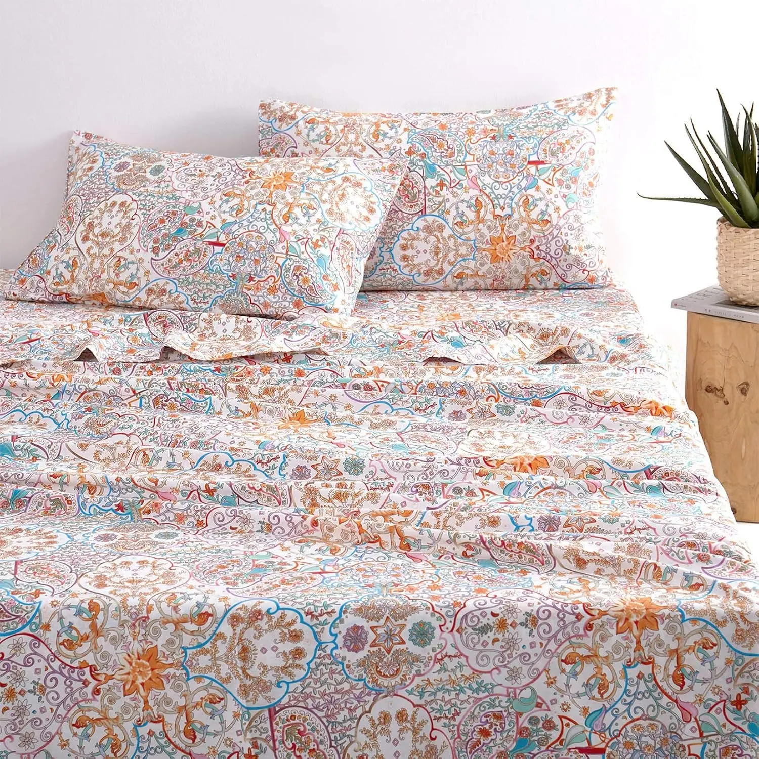 Wake In Cloud Queen Size Boho 4-Piece Cotton Bed Sheet Set, Paisley Pattern Bohemian Hippie Chic Bedding, Deep Pocket, Turquoise Orange, for Bedroom Use