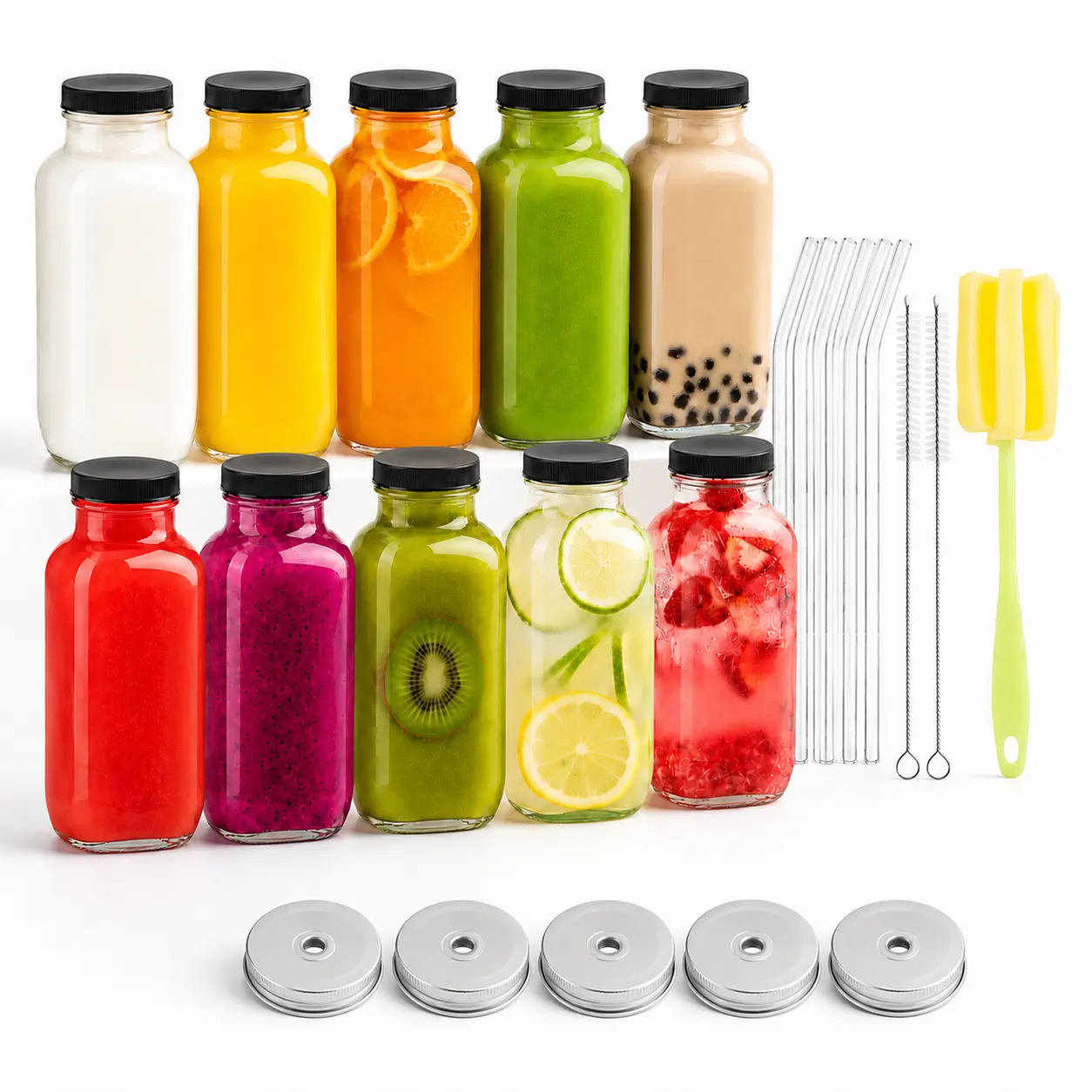 10 Pack 16oz Glass Juice Bottles with Lids, Reusable Drinking Jars with Glass Straws, 2 Types of Lids for Juicing & Iced Coffee,cooler,accessory,