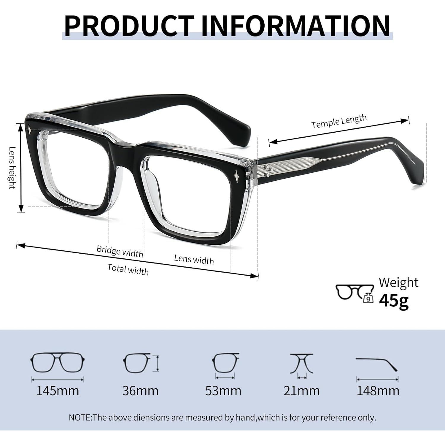 Sutton Retro Rectangle Acetate Thick Glasses Frame Prescription Optical Eyewear for Women Men 53-21-148mm
