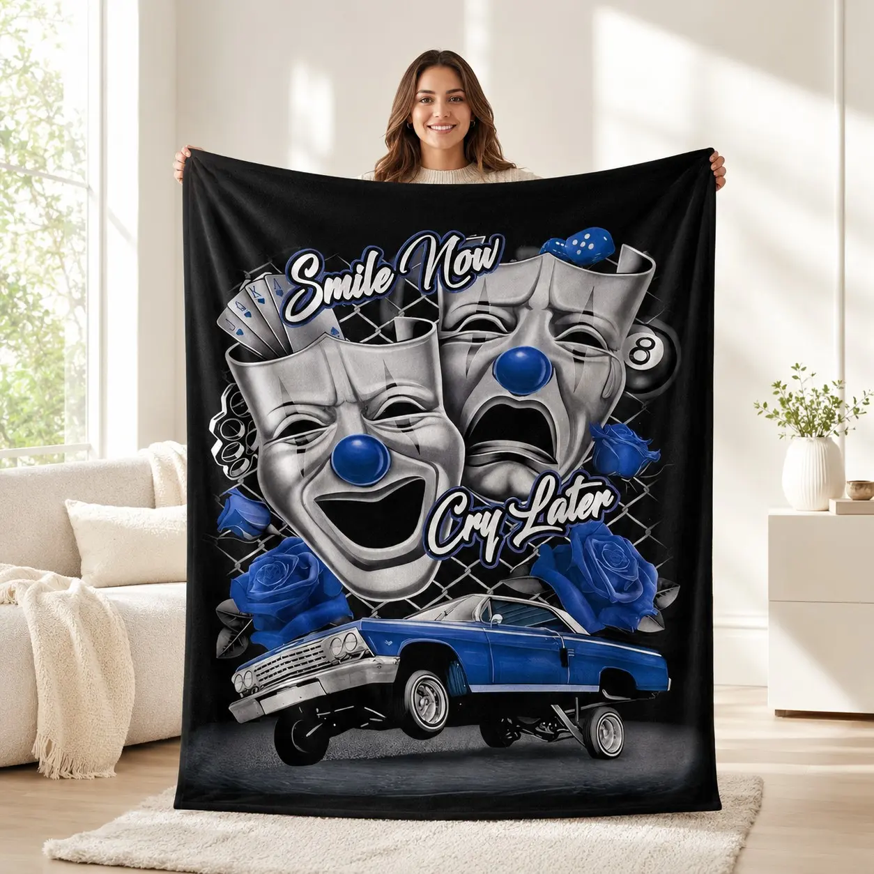 1PC Smile Now Cry Later Clown Mask Blue Rose Lowrider Car Street Print Flannel Blanket, Soft Skin-Friendly Anti-Pilling Machine Washable Lightweight Throw Blanket, All Seasons For Adults Home Sofa Bedroom Nap West Coast Hip Hop Lovers Gift Decor Blanket