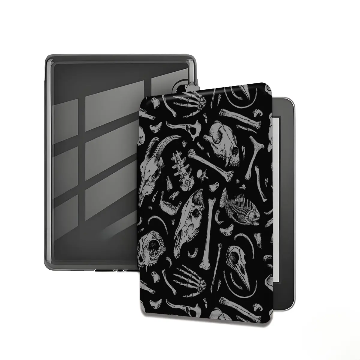 Skull pattern Kindle ultra-soft transparent TPU back cover protective case, with hand strap, automatic sleep/wake function, suitable for 7/6.8/6inch Kindle e-reader device protection, Fits 6-7", Kindle E-Readers