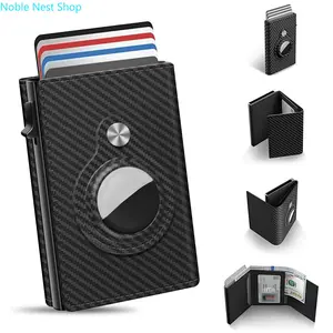 Men AirTag Compatible Smart Slim Wallet, Carbon Fiber Leather RFID Blocking Minimalist Card Holder, 6-9 Card Capacity with ID Window Cash Slot for Daily Travel Pocket Carry