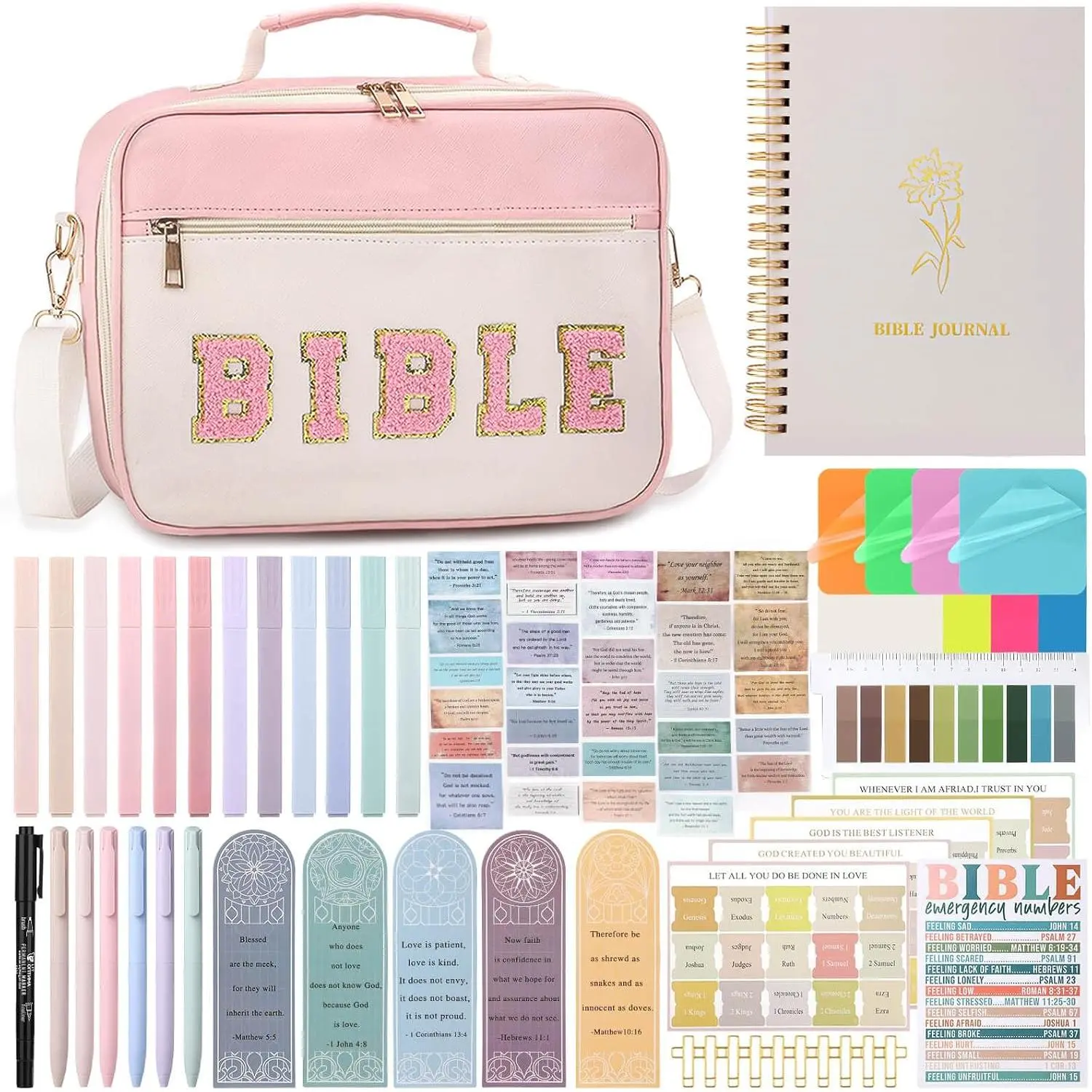 -in-  Journaling Kit,  Study Supplies Include  Cover Case, Journal Notebook, Highlighters, Pens,  Verse Stickers, Tabs, Bookmarks for Christian  for Women