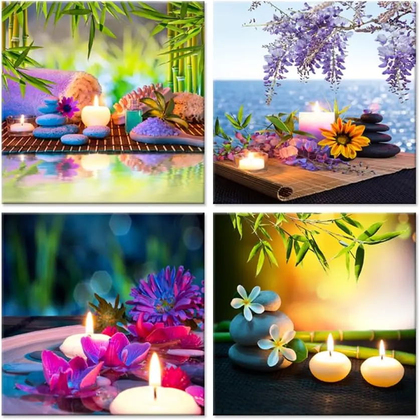 iHAPPYWALL 4-Panel Canvas Prints Zen Art Wall Decor - Orchid Flowers, Frangipani, Bamboo, Flaming Candle Designs, Gift Ideas for Relaxation Space, 12 in x 12 in Set of 4, Ready to Hang Spa Wall Art, Uv-Resistant