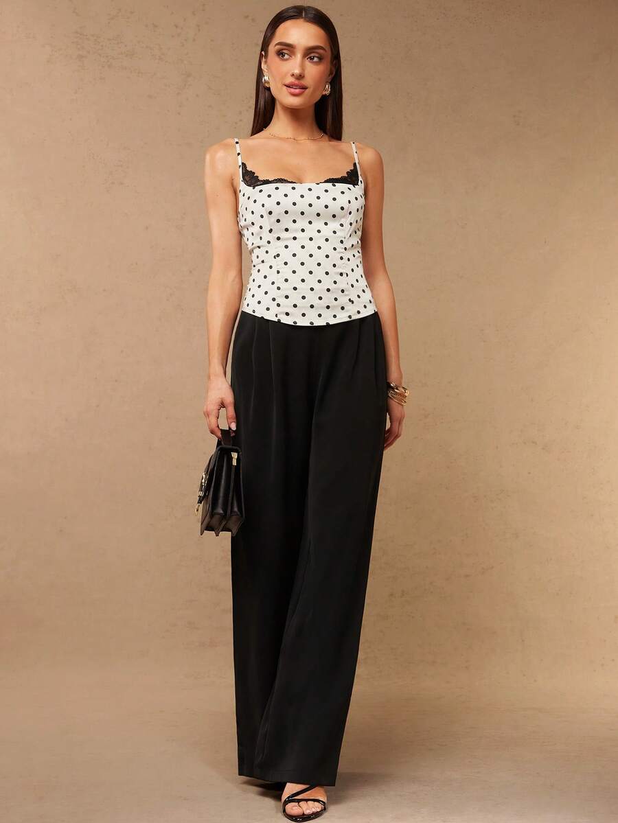 Elegant Polka Dot Lace-Trimmed Corset Camisole for Women, Slim Fitted Strap Top with Contrast Color Design, Trendy Casual Style for Spring Summer, Suitable for Shopping, Travel and Small Parties