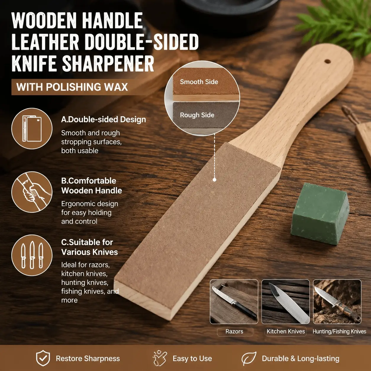 Professional Leather Strop Kit, Double-Sided Sharpening Stone for Knives, Razors & Tools | Handmade Portable Polishing Strip, Efficient Honing Tool & Edge Maintenance for Kitchen, Outdoor & Straight Razors