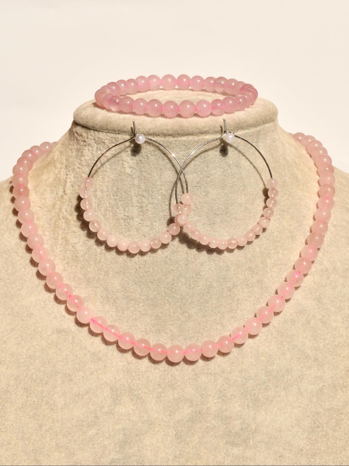 Fashion Simple Natural Pink Crystal Jewelry Set, Including Necklace & Earrings & Bracelet, Casual Jewelry Set for Women, Fashion Accessories for Party, Daily Clothing Decor