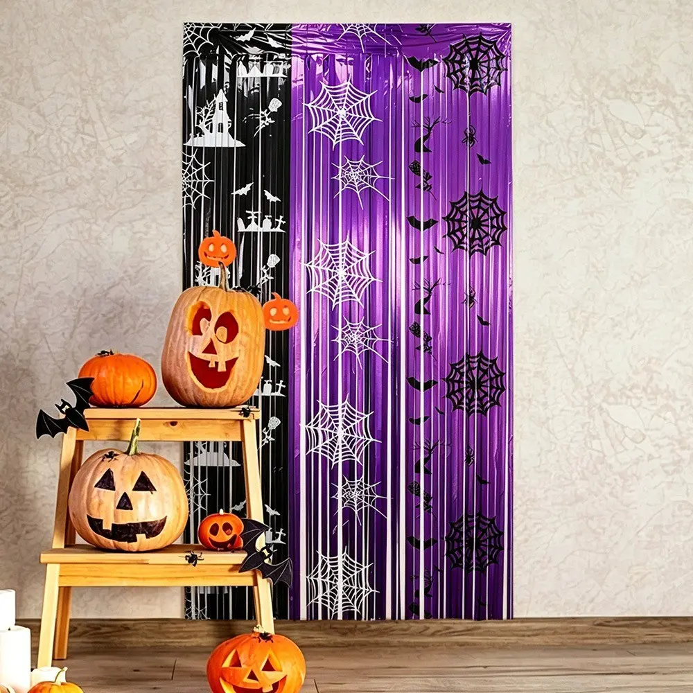 Colorblock Spider Web Rain Curtain Background Decor, Fringe Curtain Halloween Party Setup, Rain Curtain Door Drapery