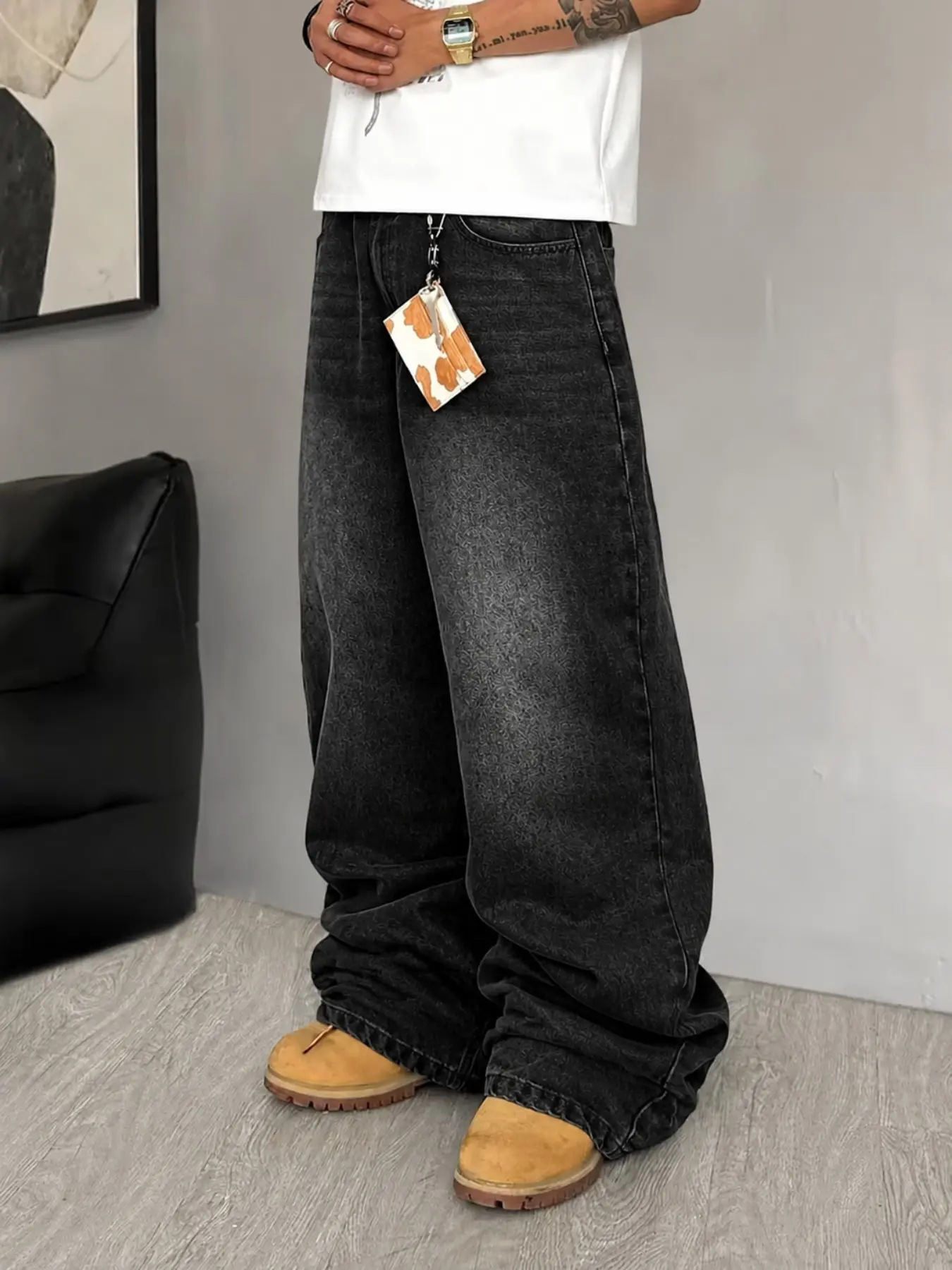 Men’s Black Washed Bootcut Jeans with Whisker Fading and Subtle Jacquard Pattern, Retro Flared Denim Pants for Casual Western Streetwear