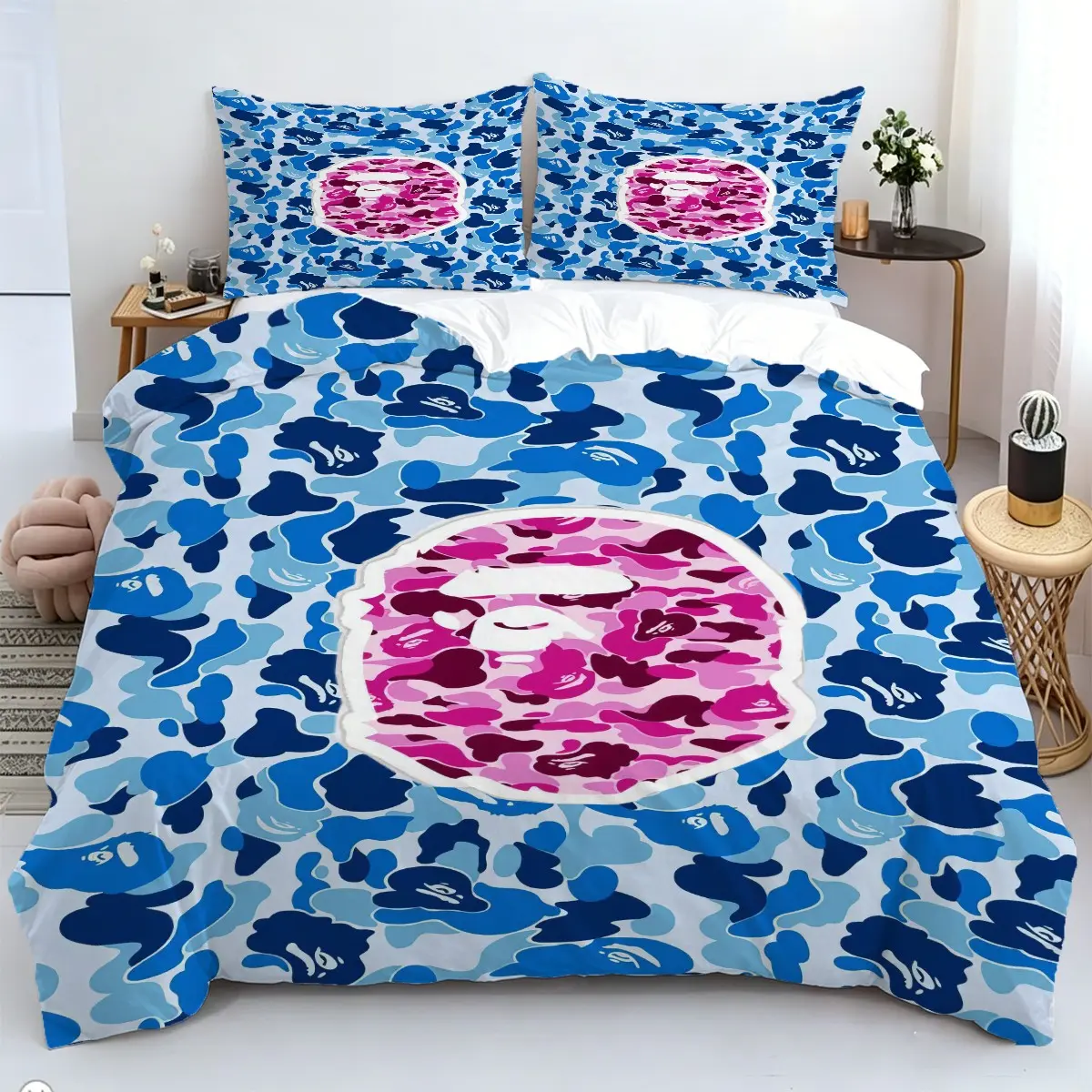 Camo Ape Head Pattern Duvet Cover Set, 2/3Pcs Streetwear Bedding Set, Suitable for Streetwear-Style Bedroom, Teen Boy Room, Hip Hop Themed Apartment Home Decor. 1 or 2 Pillowcase, No Filling