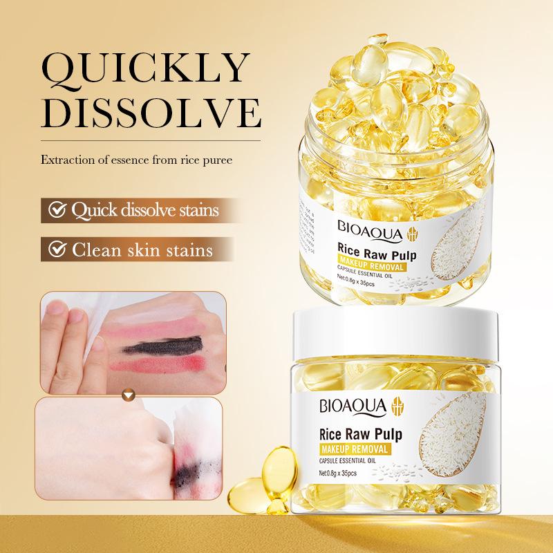 Rice Pulp Cleansing Oil Capsules - Dissolves Waterproof Makeup Instantly, Gentle No-Sting Formula, Travel-Friendly Single-Use Pods for Flawless Double Cleanse Every Night!