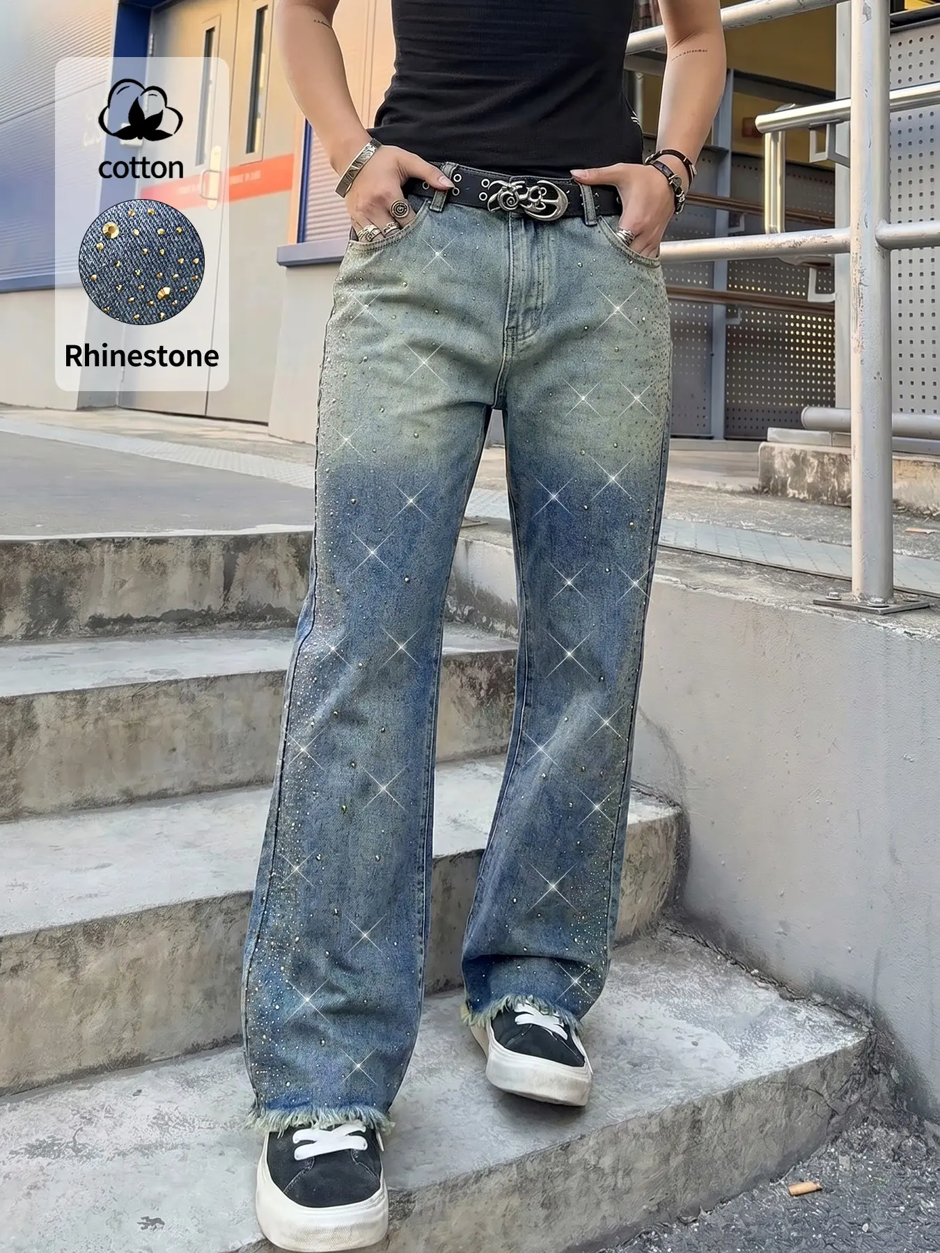 Y2K sparkling rhinestone vintage jeans for men, featuring a retro gradient wash, white frayed hem, wide leg, slightly flared, and easy-matching style. Essential streetwear for social media boyfriend style Casual Jeans