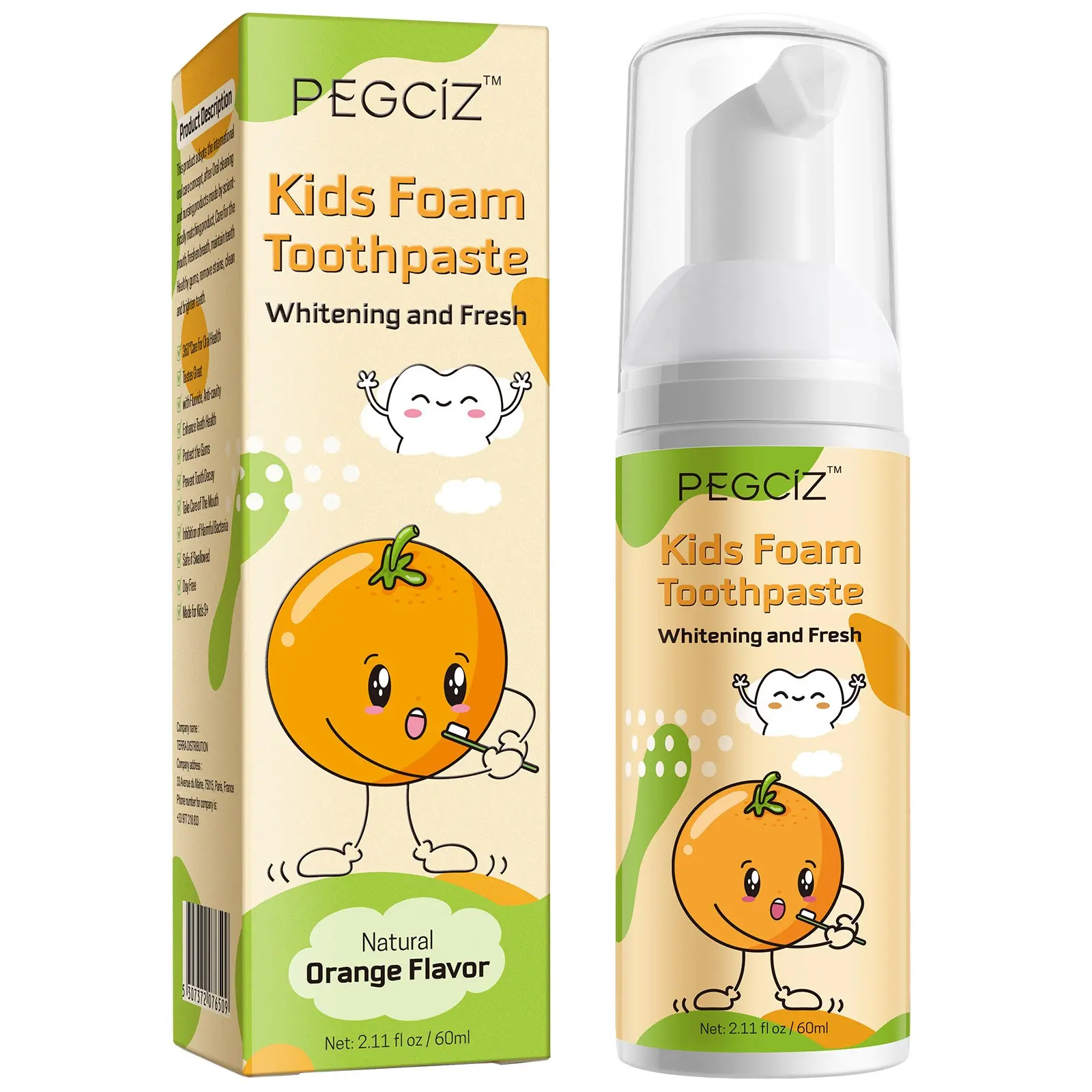 PEGCIZ Children's Tooth-Cleaning Mousse, Kid Toothpaste, features a foamy mousse texture that is gentle on children's teeth. With a sweet orange flavor, it helps protect delicate enamel, promotes good oral hygiene from an early age, and reduces the r