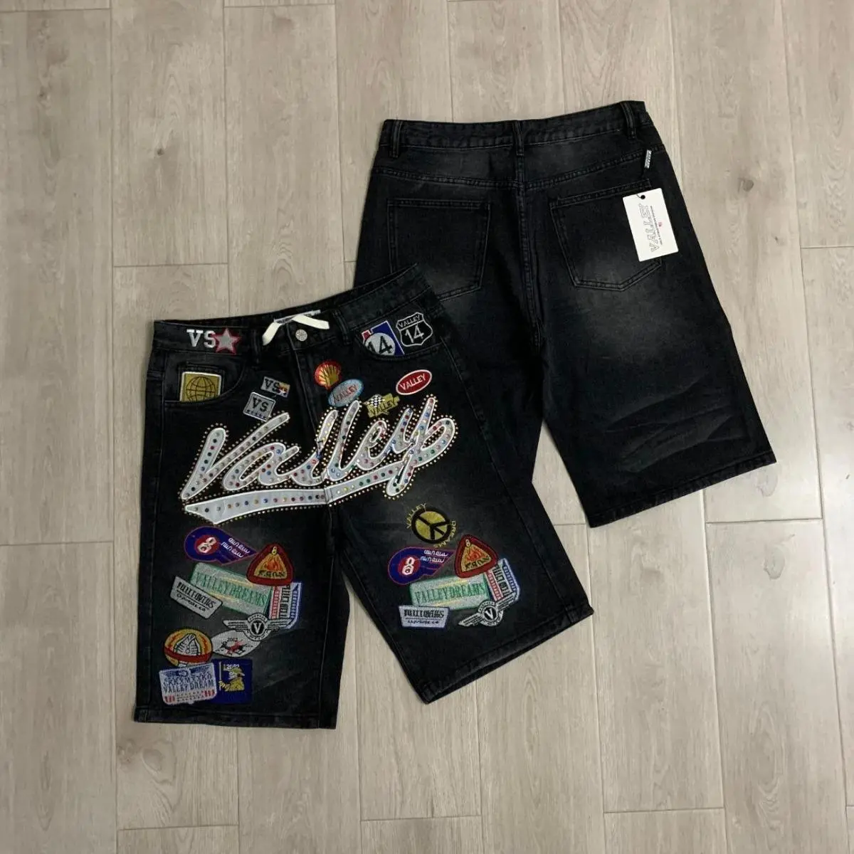Men's Rhinestone Letter Embroidery Denim Shorts - High-Street Vintage Straight-Fit Knee-Length Unisex Summer Casual Outfits, Aesthetic Fashion Streetwear