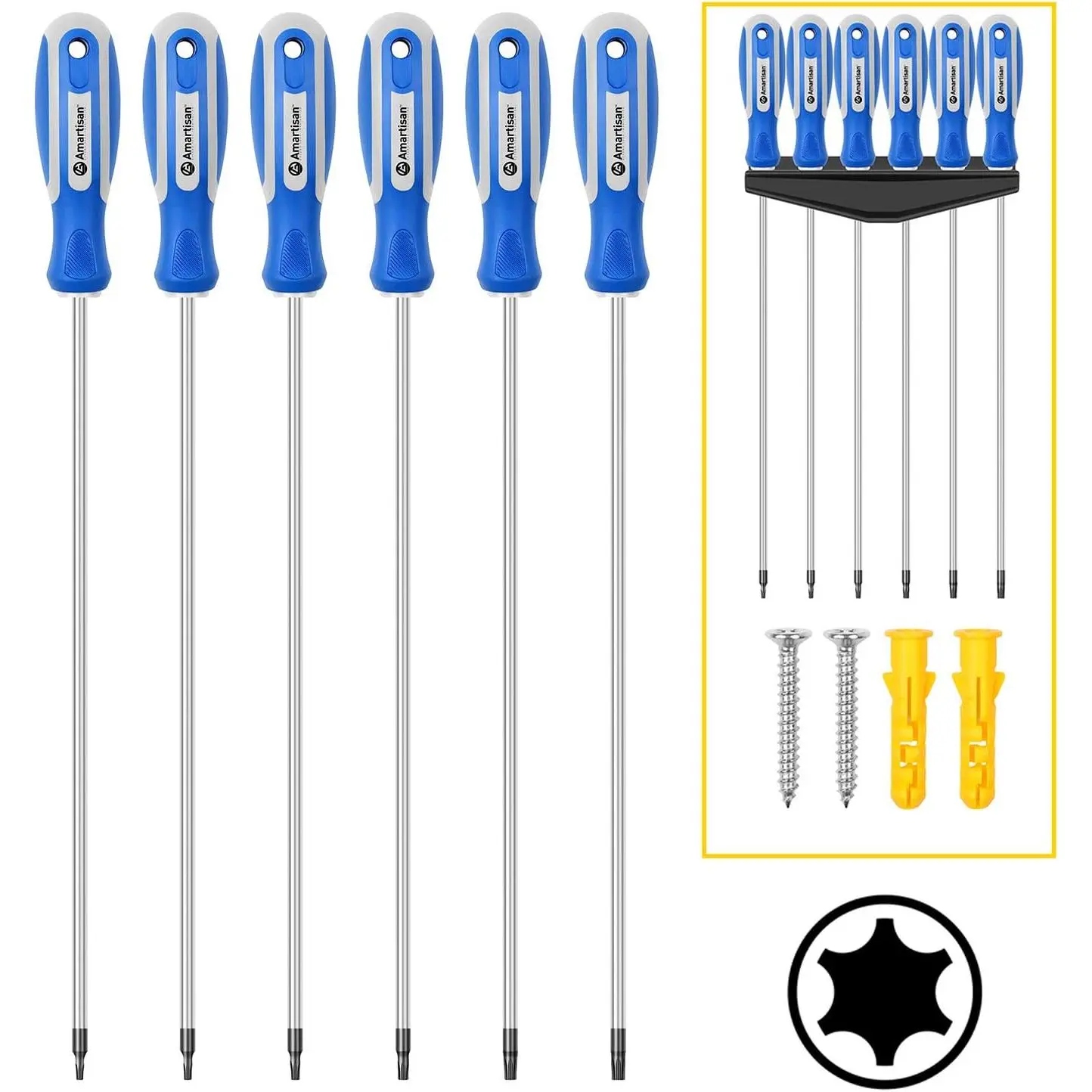 6-Piece Extra Long Torx Screwdrivers Set, length 12''(300mm) T10 - T30, Long Long star Screwdrivers Set