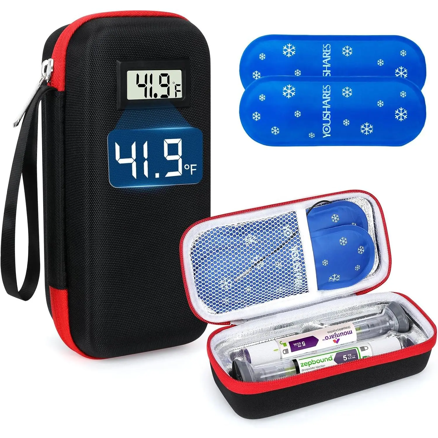 EVA Shell Travel Case for Zepbound & Mounjaro Pens - TSA Approved GLP-1 Holder with Pen Slots, 2 Cooling Packs, 6-8 Hours Cooling, Digital Readout Temperature Display for Daily Use & Trips