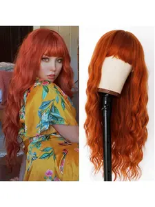 Ginger Wig with Bangs Orange Long Wavy Wigs for Women Ginger Curly Heat Resistant Synthetic 26 Inches Loose Wave Red Orange Wig for Daily Party Cosplay