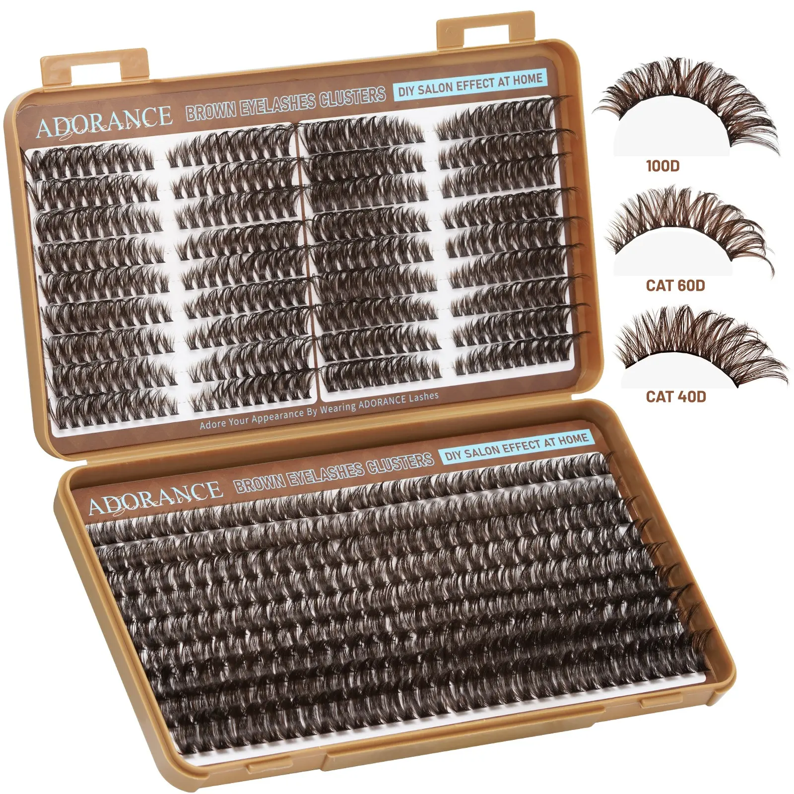 ADORANCE 648PCS Brown Lash Clusters, D Curl Cat Eye 3 Styles Mixed Wispy Fluffy Eyelash Extensions, Natural Soft Brown Cluster Lashes for Everyday Wear, DIY Lash Extensions
