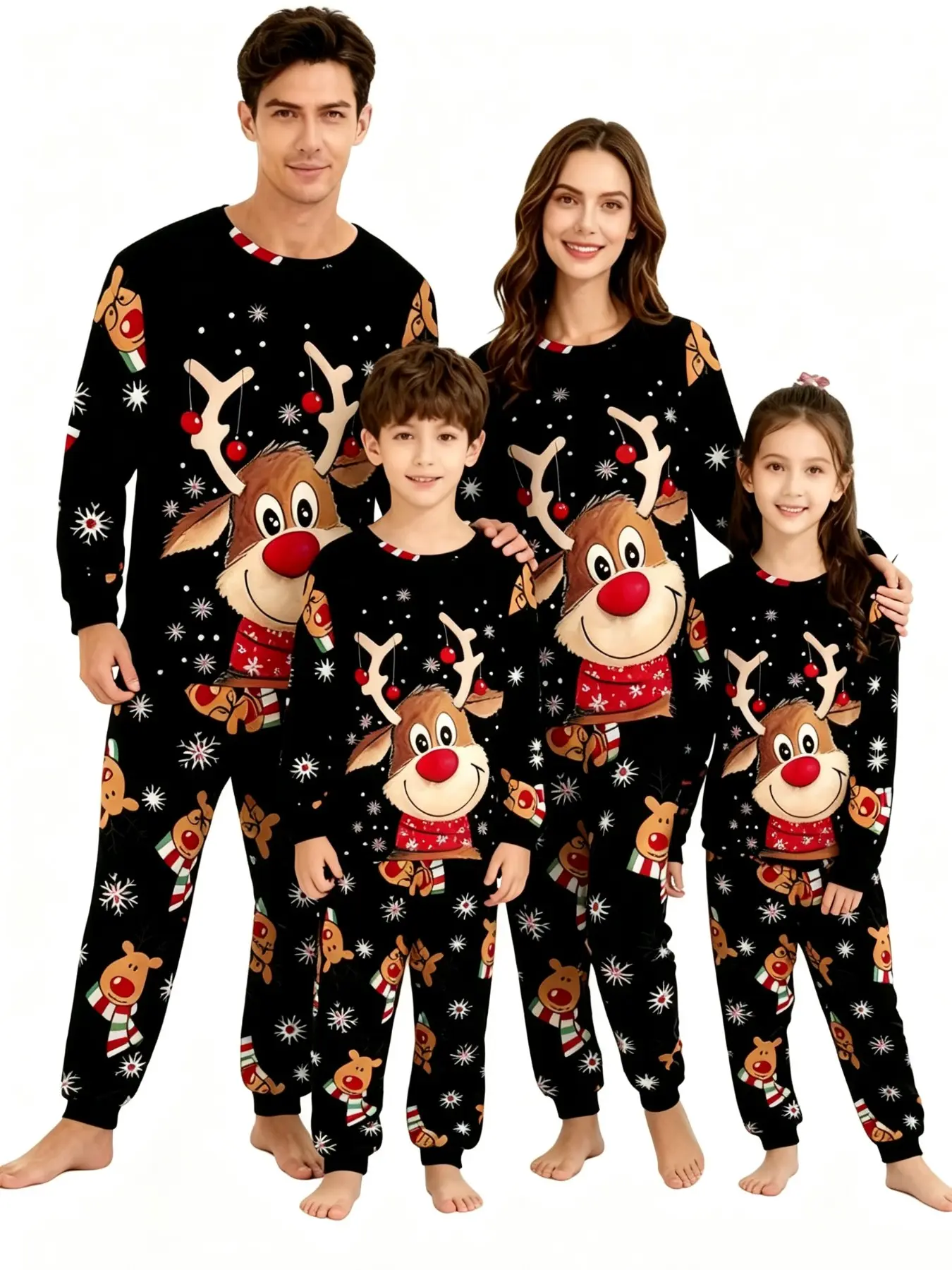 Unisex Kids Christmas Pajama Set, Cute -Nosed Reindeer Print Long Sleeve Sleepwear, Festive Holiday Home Clothes, All Seasons Pajamas