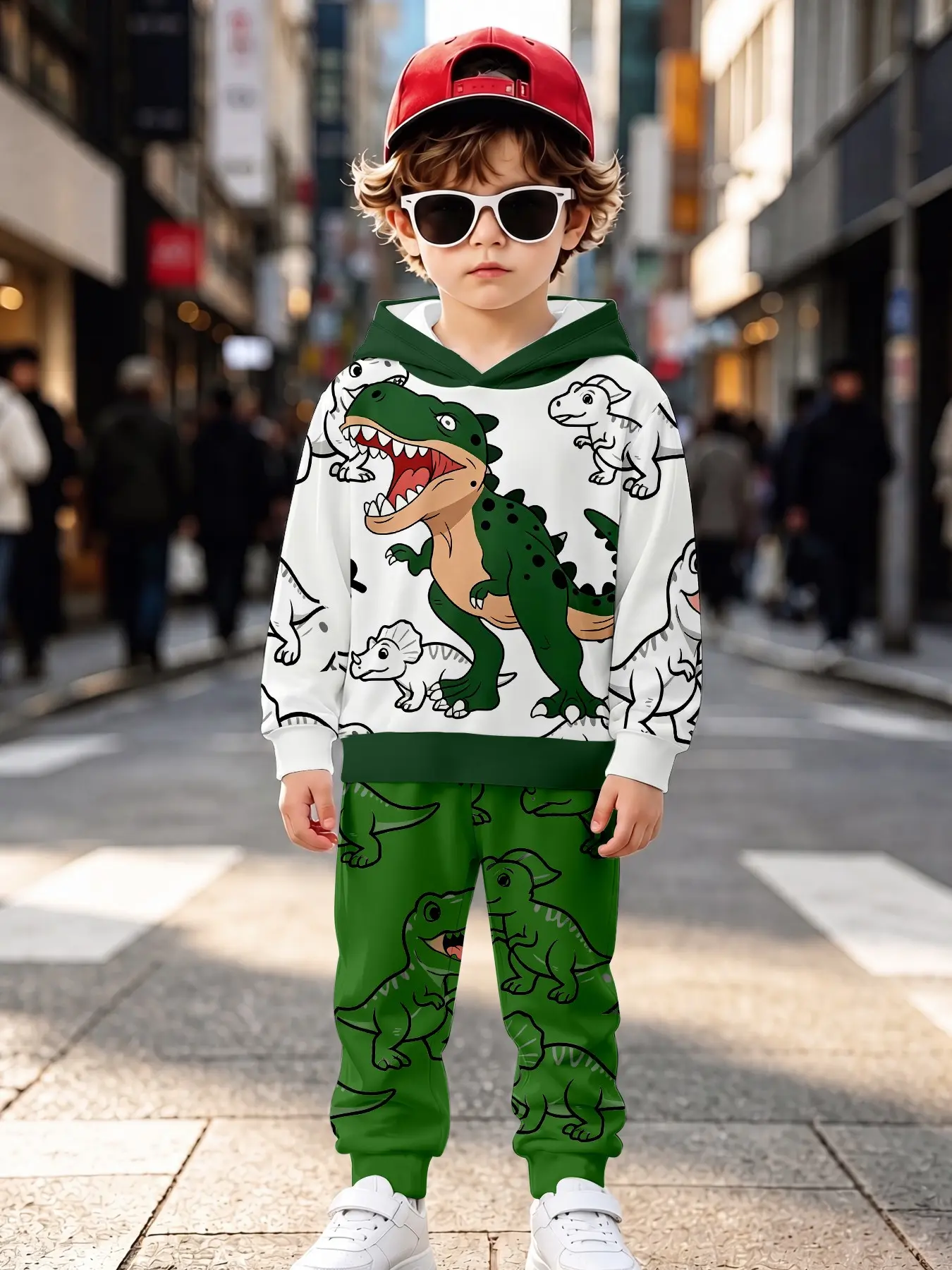 Boys' Fun Dinosaur Hoodie Set, Base with Large Tyrannosaurus Print, Deep Dinosaur Sweatpants, Casual Two-Piece