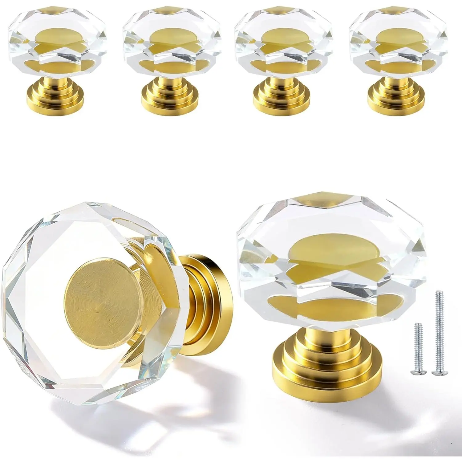 Glass Cabinet Drawer Knobs, 6 Pack Glass   Dresser Knobs, 1-1/4 Inch Polygon Pulls Handles with Screws for Modern Kitchen  Bedroom and Bathroom