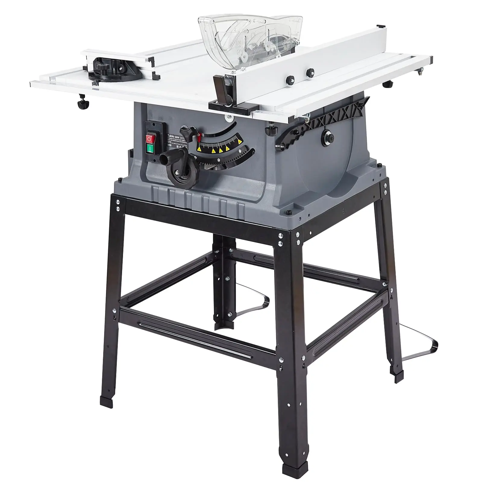 GARVEE 10 Inch 15A Table Saw with 5000RPM Power, Bevel Cutting Capability, and Included Stand for Versatile Woodworking Projects and Precise 90°/0-45° Cuts, Ideal for Professionals and DIY Enthusiasts.