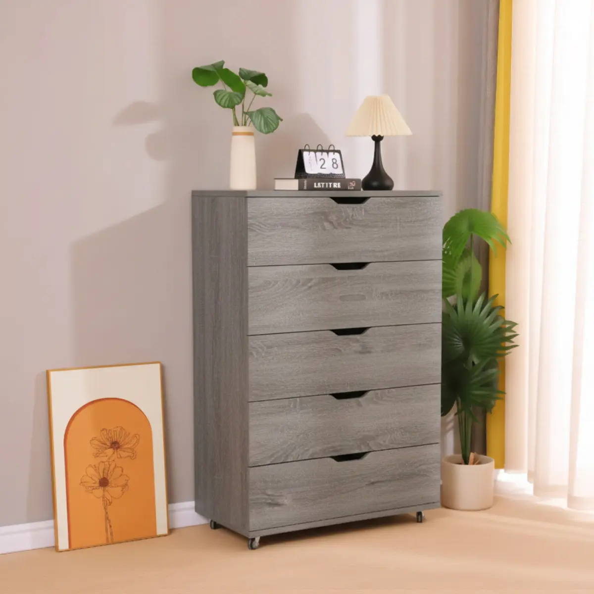 Aobtkel Gray 5-Drawer Handleless Dresser with Locking Wheels - Modern Indoor Storage Cabinet