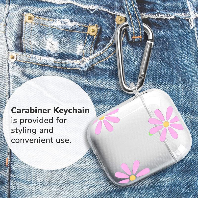 Pink Petal Pattern Pattern Protective Case for AirPods 4/3/2/1/Pro/Pro2 Soft TPU Earphone Cover, Transparent with Keychain