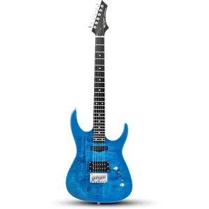 Leo Jaymz Thunderstorm ST-Style Solid Body Electric Guitar - Flamed Maple Top, Purple Fixed Bridge, Railway Pickup, 24 Frets, for Beginners & Adults (Blue Flame)