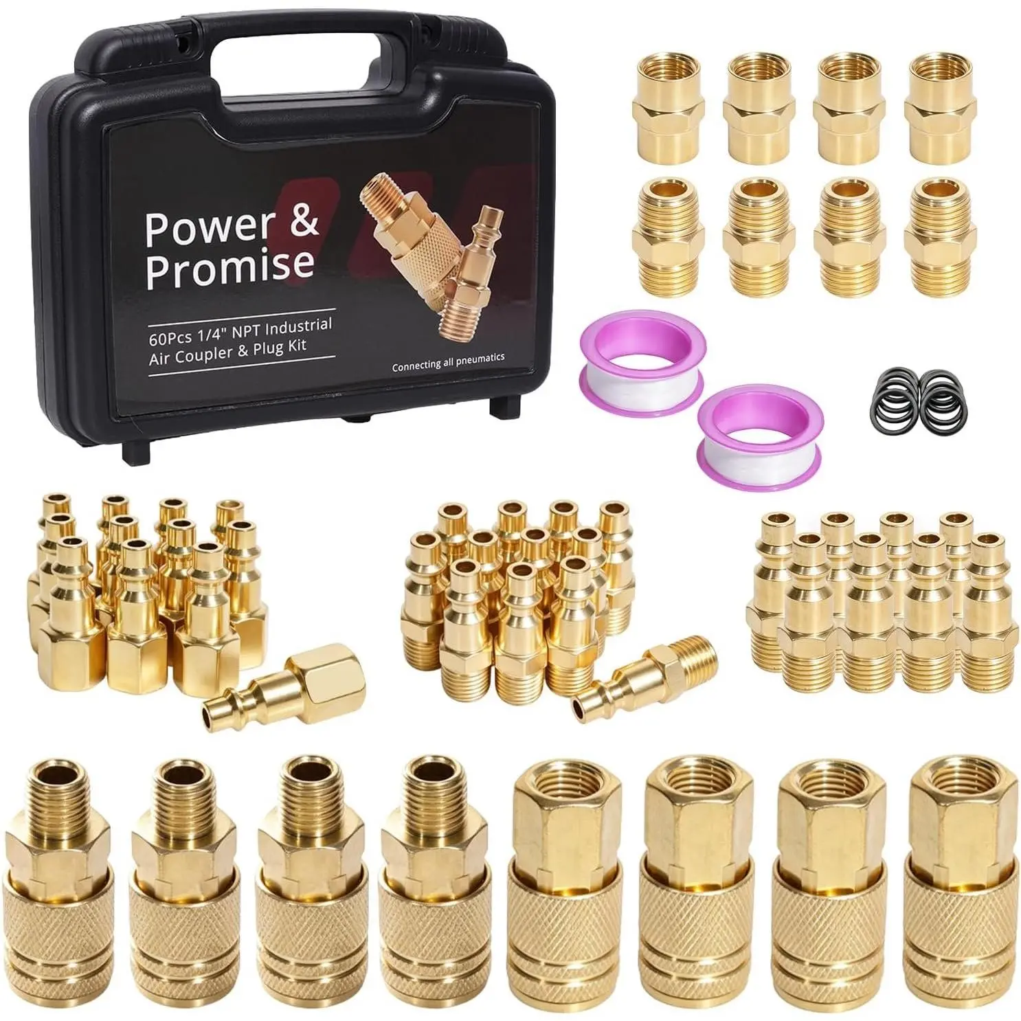 60 count 1/4" NPT Quick Connect Air Hose Fittings Kit for Air Compressor, Couplers, Plugs & Adapters Set, Pneumatic Air Line Accessories, O-Rings, Storage Case, 300 PSI