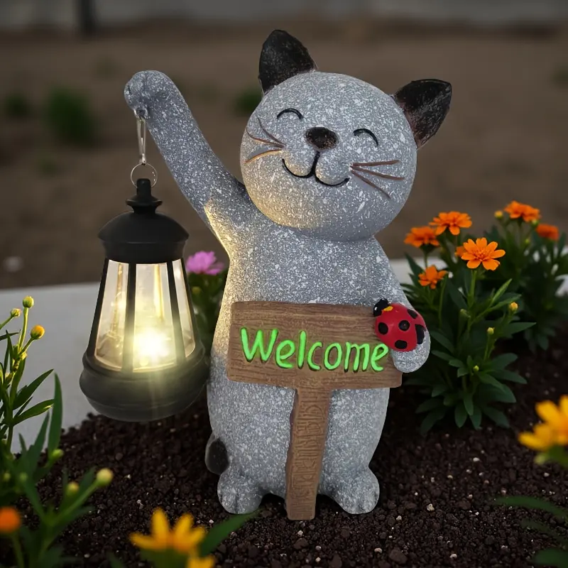 10 Inch Solar for cat Garden Statue with Led Lantern Summer Outdoor Decorations for Home Outside, Garden Decor Resin Kitten Figurine Light Waterproof IP44 for Porch Yard Patio Shed Lawn Flowerpot, Housewarming Gifts for home Decor for Cats Lovers