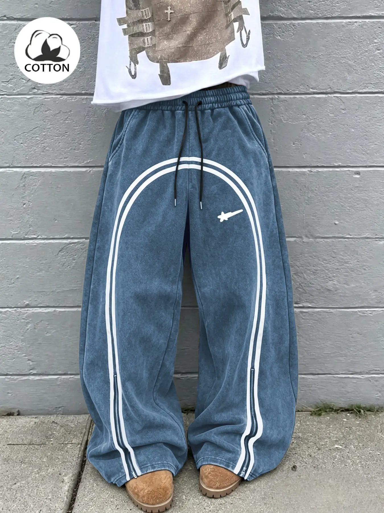 Men's Loose Fit Washed Cotton Sport Pants, Front Dual Arc Lines, Side Zipper, Drawstring Waist, Vintage Y2K Casual Streetwear