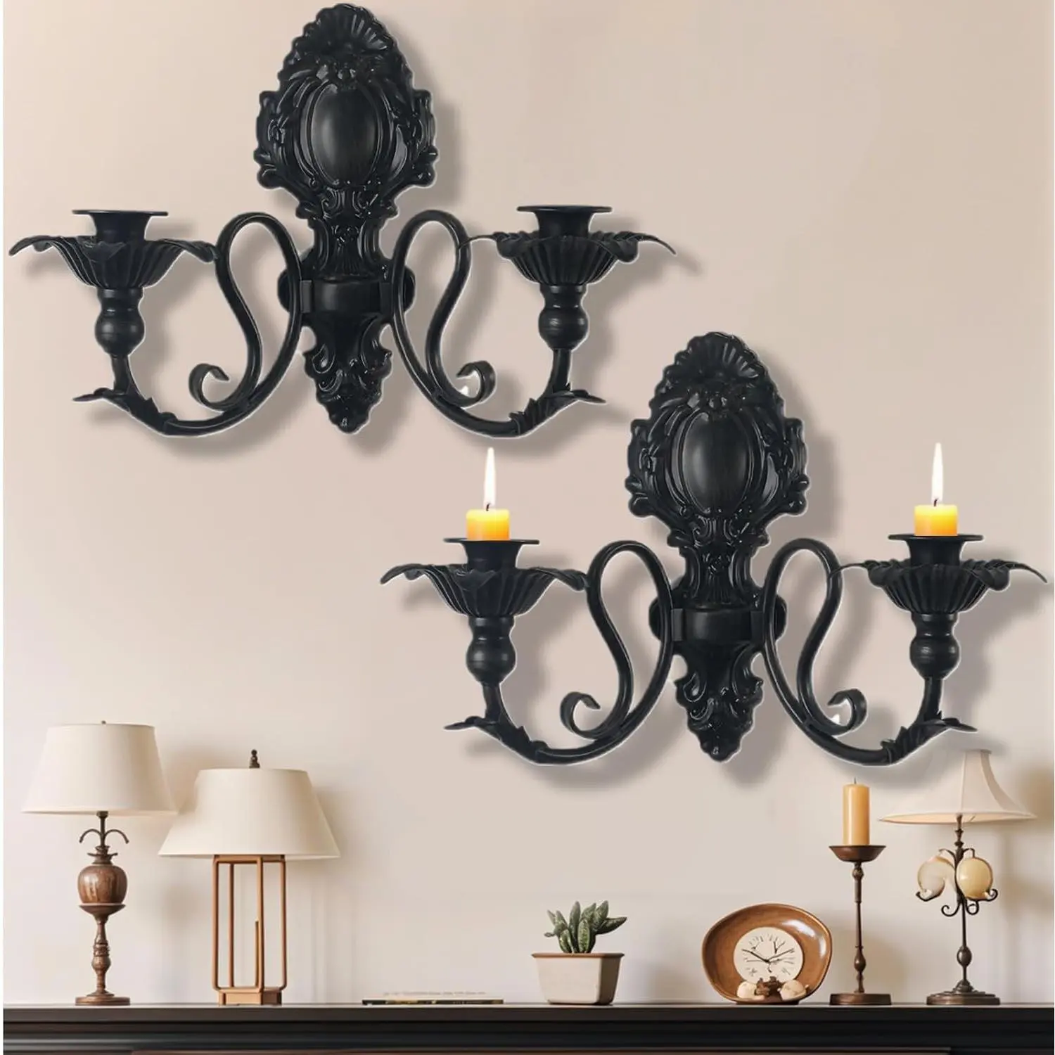 Vexillum 2 Sets Candle Sconce Holder, Metal Gothic Decorations Black Wall Mounted Pillar Candlestick Holder Vintage Rustic Candelabra Decor for Bedroom Dining Room