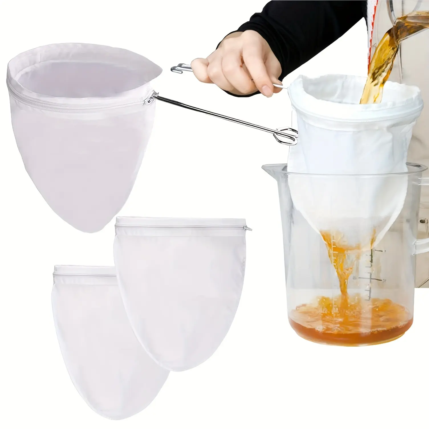 4pcs Ultra Fine Mesh Strainer Bags with Zipper and Stainless Steel Handle, Ultra Fine Mesh Strainer Bags, Food Strainer, for Filter Nut Milk, Coffee, Juices, Coffee, Milk, Butter and Fresh Cheese