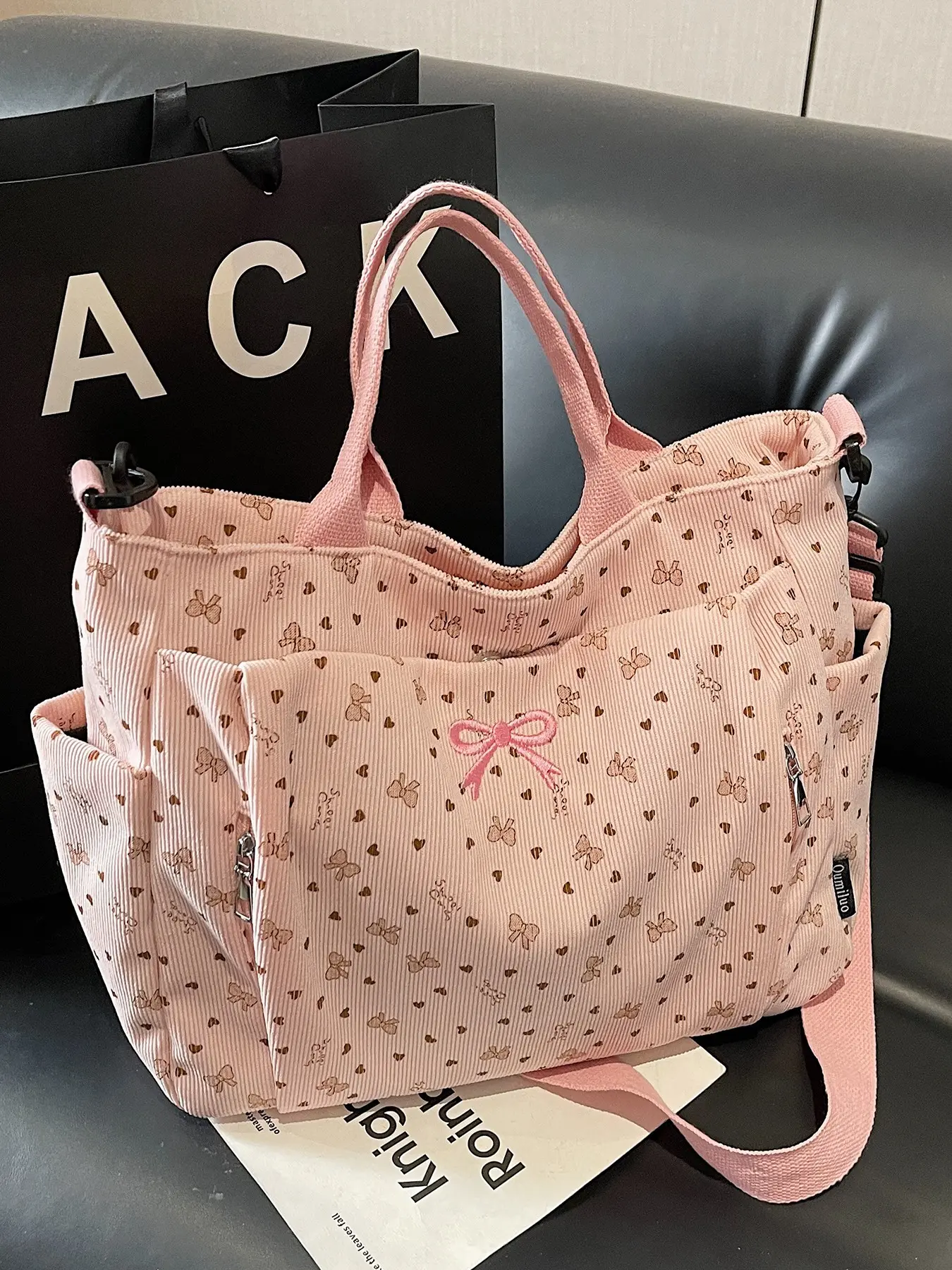 Large Capacity Bow Print Crossbody Shoulder Tote Bag, Versatile Practical Commute Simple Handbag, Adjustable Strap Fashion Shoulder Bag, All Seasons
