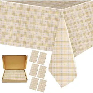 Disposable Plastic Tablecloths 6-Pack, 54x108in Light Yellow Checkered 150g Table Covers, 70% Natural Minerals Luxurious Matte Finish Heavy-Duty Leakproof Puncture-Resistant Rectangle Covers for Party, Picnic