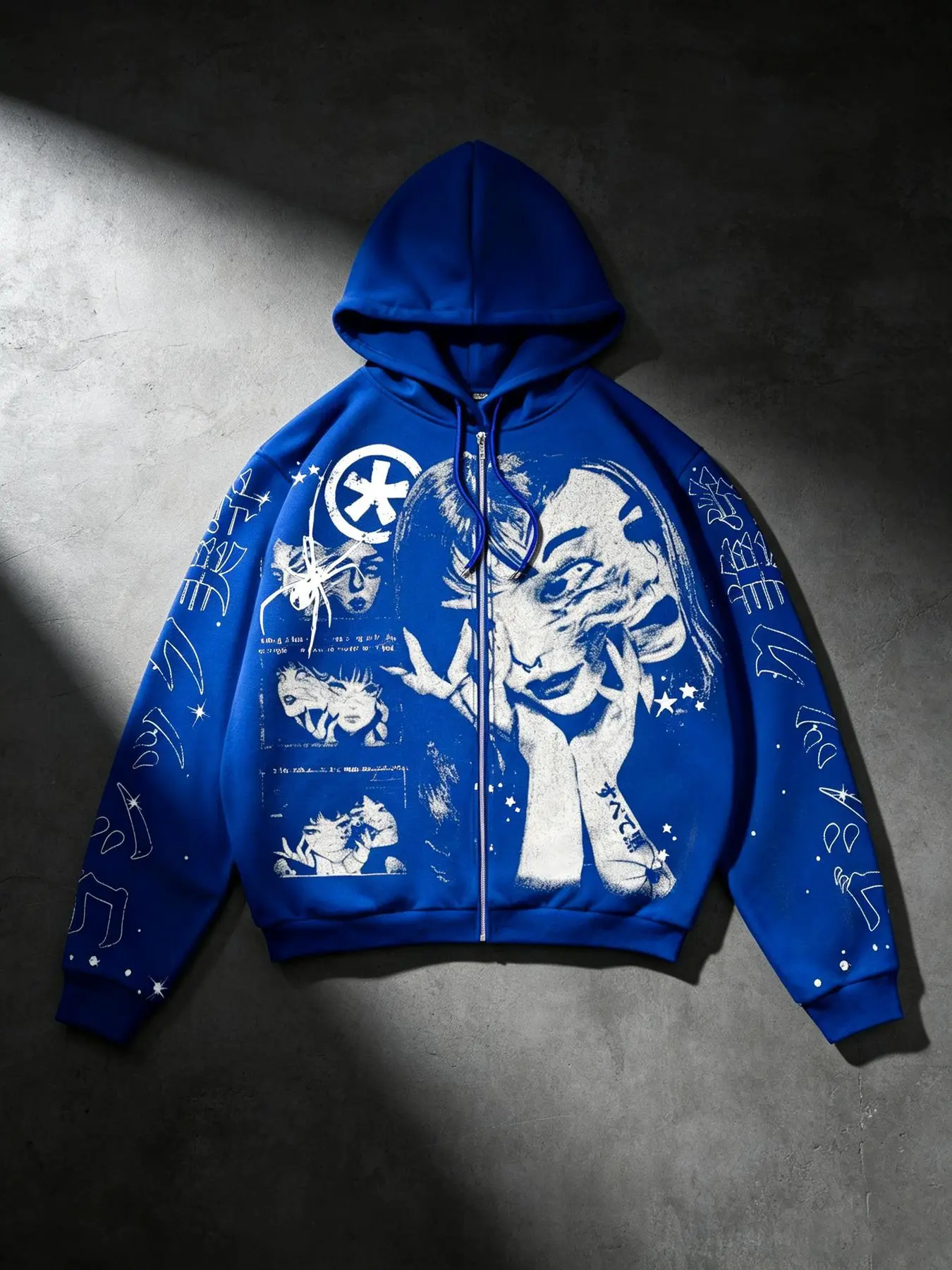 Anime collage dark girl print long-sleeved cardigan jacket with spider and five-pointed star side symbol print, loose zip-up hooded sweatshirt, street style, comfortable, unisex, hooded sweatshirt, everyday trendy and versatile. Y2K