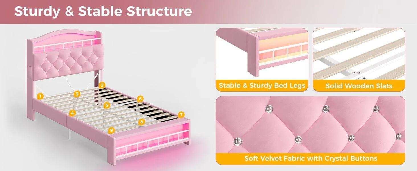 Sikaic Twin Size Princess Velvet Upholstered LED Bed Frame Pink Headboard & Storage Charging Station with RGB Lighting & 2 Outlets for Kids