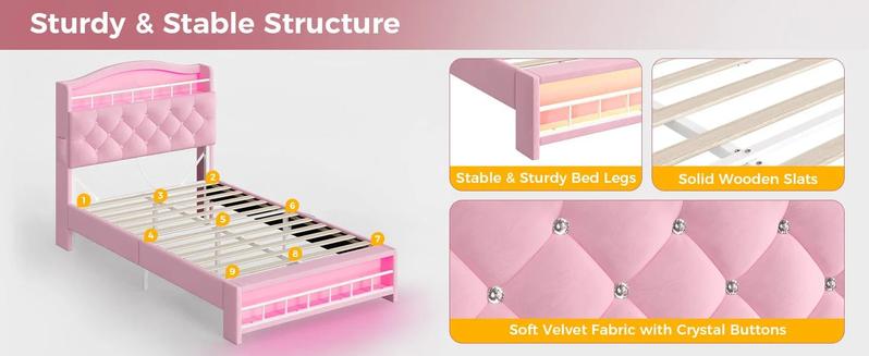 Sikaic Twin Size Princess Velvet Upholstered LED Bed Frame Pink Headboard & Storage Charging Station with RGB Lighting & 2 Outlets for Kids