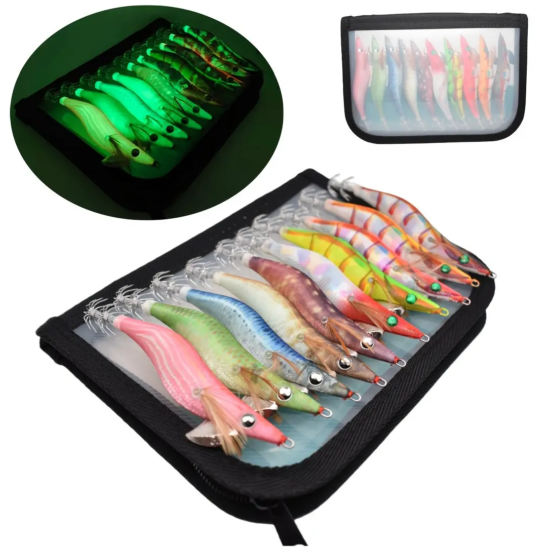 Squid Jigs Saltwater Glow Squid Jig Fishing Lures, Shrimp Prawn Lures, Luminous Artificial Fishing Lures Kit for Octopus Cuttlefish