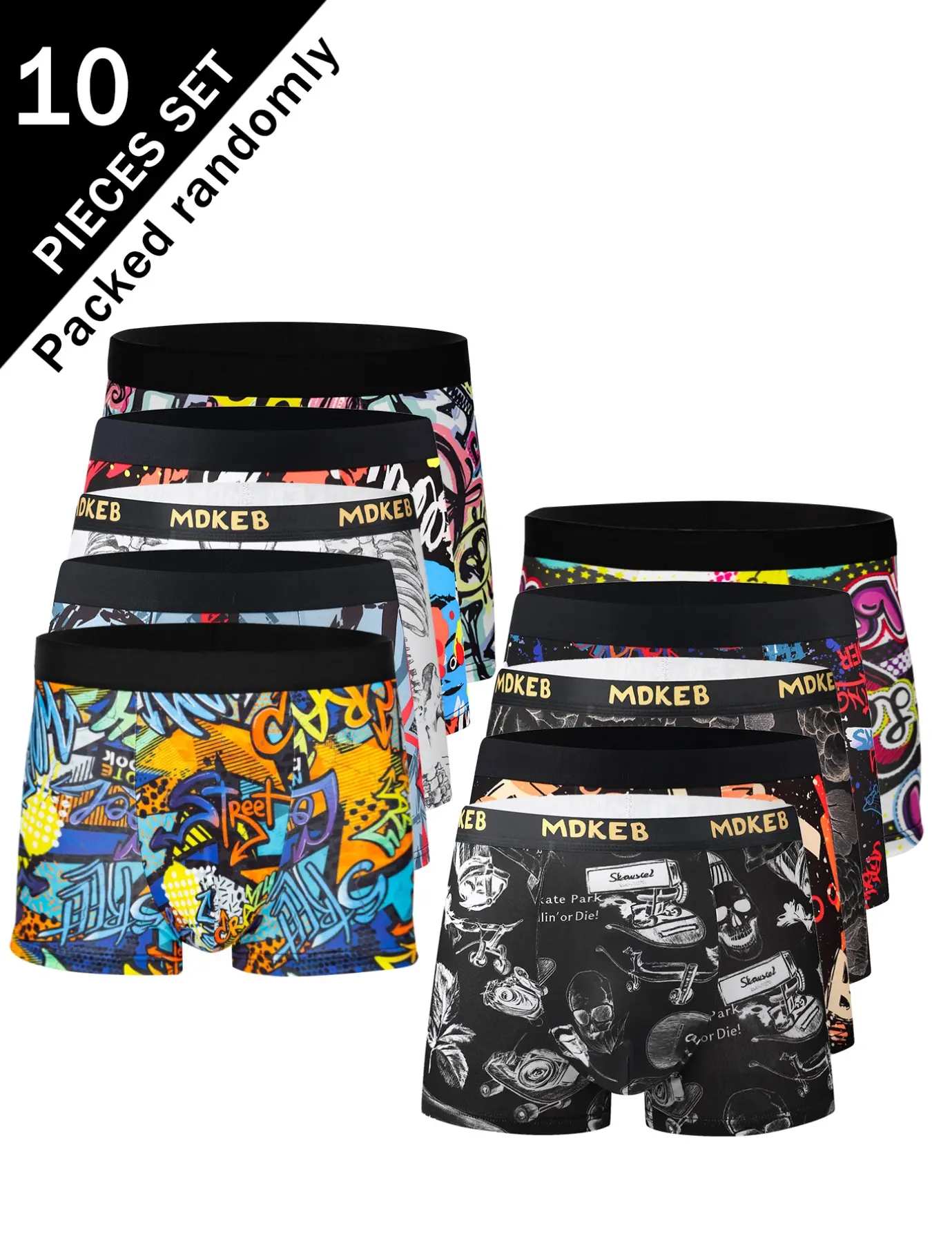 10-Pack Men's Trendy Waistband Graffiti Print Boxer Briefs, Random Colorblock Patterns, Comfortable High-Elastic Trunks, All Seasons